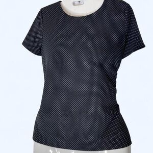 Ann Taylor Navy Blue polka dot blouse with short sleeves and round neckline XS